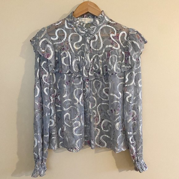 LoveShackFancy Erica Metallic Ruffled Silk Top in Silver Lake Blue Size Small - Picture 3 of 14